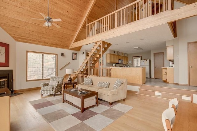 living room featuring wooden ceiling, high vaulted ceiling, light wood-type flooring, and ceiling fan