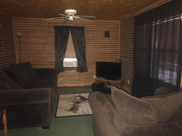 living room with brick wall and ceiling fan