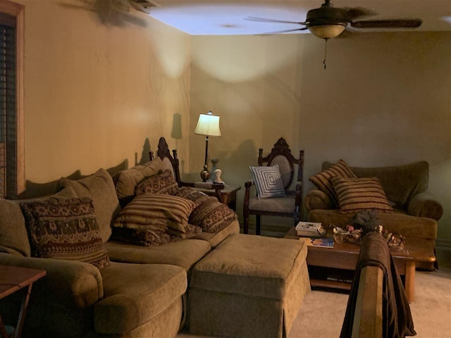 living room featuring light carpet and ceiling fan