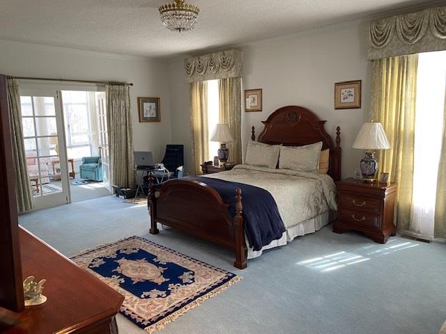 bedroom with access to outside, a textured ceiling, and carpet