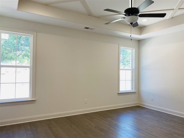 unfurnished room with a healthy amount of sunlight, ceiling fan, and dark wood-type flooring