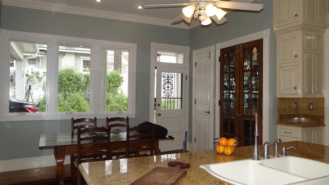 interior space with ceiling fan, sink, and ornamental molding