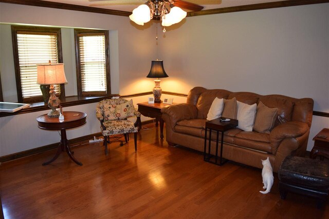 living room featuring ceiling fan, crown molding, and dark wood-type flooring