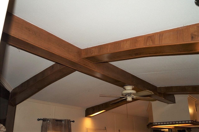 details with beam ceiling and ceiling fan