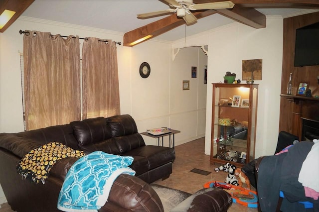 living room featuring ceiling fan and beamed ceiling