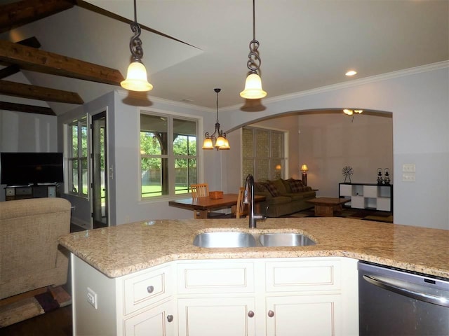 kitchen featuring light stone counters, white cabinetry, sink, dishwasher, and hanging light fixtures