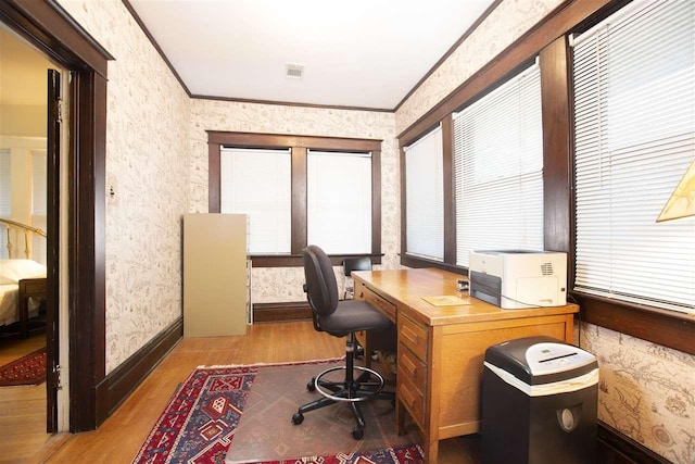 home office featuring crown molding and wood-type flooring