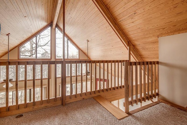 bonus room with vaulted ceiling with beams, wood ceiling, and light carpet