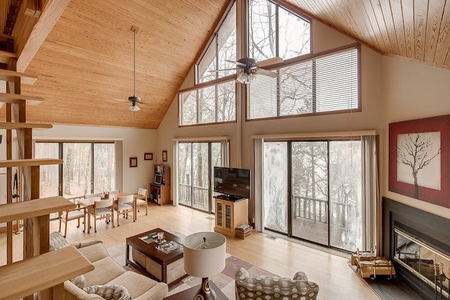 living room with light wood-type flooring, ceiling fan, high vaulted ceiling, and wood ceiling