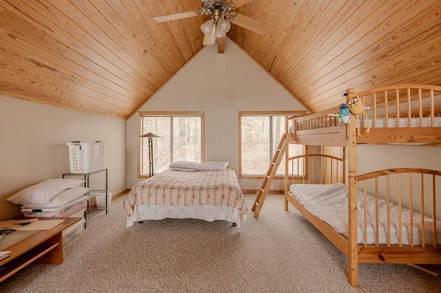 bedroom featuring ceiling fan, lofted ceiling, wood ceiling, and light carpet