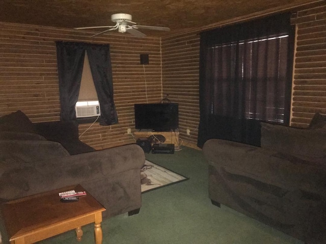 living room featuring brick wall, carpet flooring, and ceiling fan