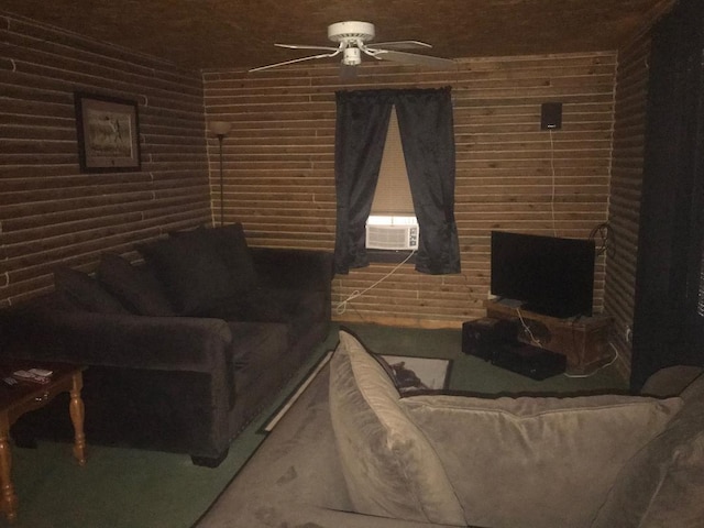 living room with brick wall and ceiling fan