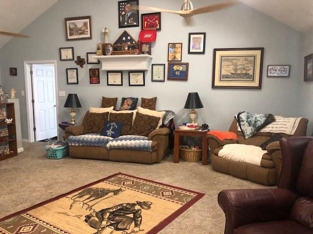 carpeted living room featuring lofted ceiling