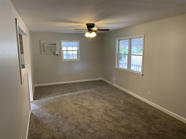 carpeted empty room with plenty of natural light, ceiling fan, and a wall unit AC