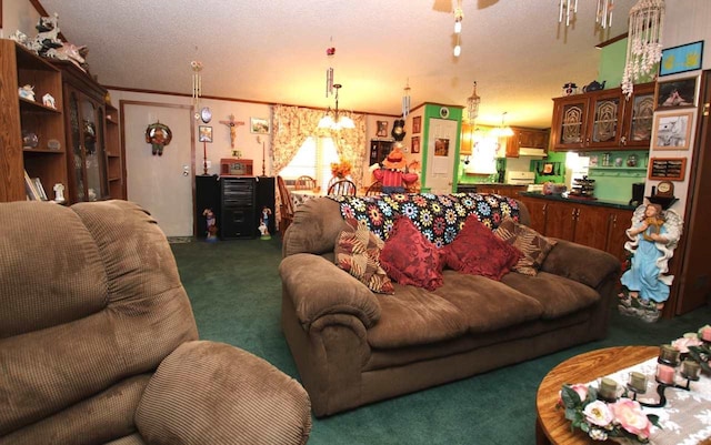 living room with dark colored carpet, a chandelier, and a textured ceiling