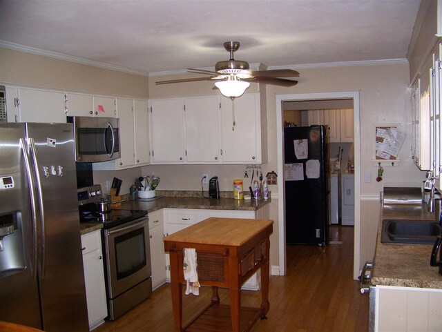 155 Eunice Lane, Savannah, TN 38372 - kitchen featuring appliances with stainless steel finishes, ceiling fan, wood-type flooring, and white cabinets