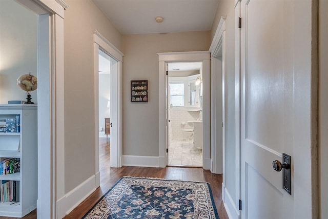 corridor featuring dark hardwood / wood-style flooring