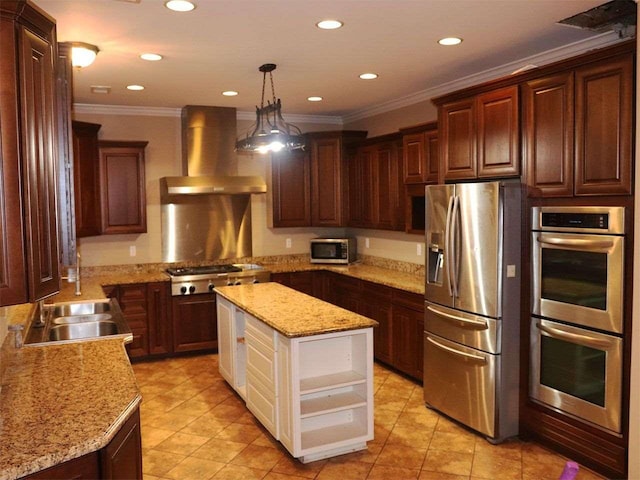 kitchen featuring stainless steel appliances, wall chimney range hood, light tile flooring, hanging light fixtures, and sink