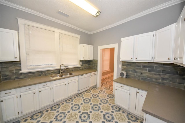 kitchen with tasteful backsplash, light tile floors, dishwasher, sink, and white cabinets