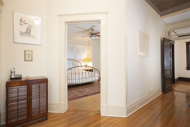 hall with crown molding and hardwood / wood-style floors