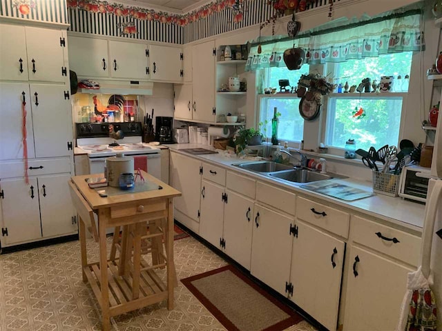 kitchen with extractor fan, white cabinets, sink, and electric range