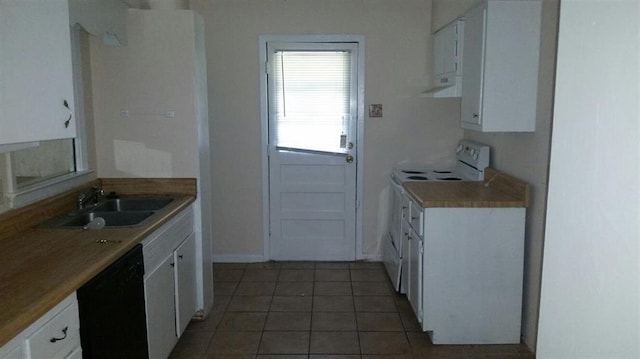 kitchen featuring sink, white cabinets, black dishwasher, white range with electric cooktop, and tile flooring