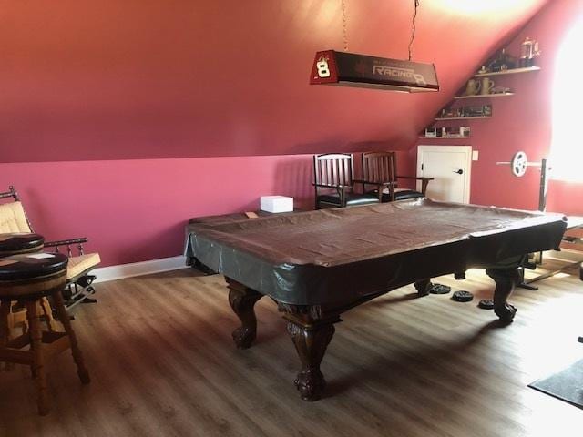 rec room with hardwood / wood-style floors, pool table, and vaulted ceiling