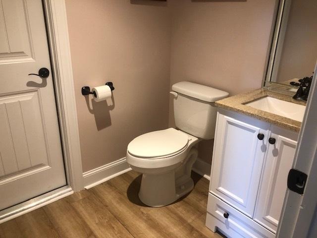 bathroom featuring vanity, toilet, and hardwood / wood-style flooring