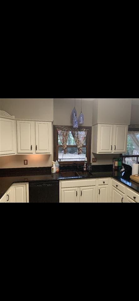 kitchen with black dishwasher and white cabinetry