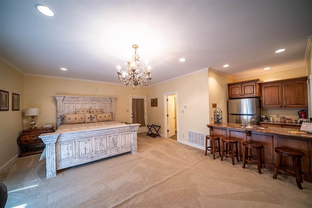 bedroom with light colored carpet, sink, crown molding, stainless steel refrigerator, and a notable chandelier