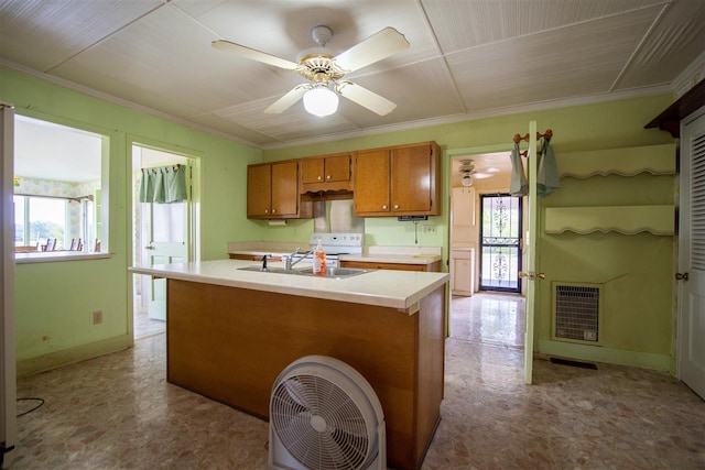 kitchen with ceiling fan, electric stove, light tile floors, and plenty of natural light