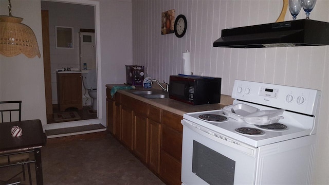 kitchen featuring white electric stove, sink, and wall chimney range hood