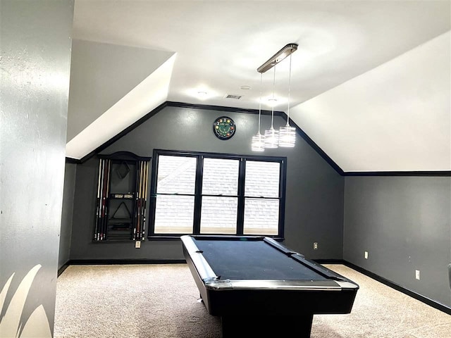 recreation room featuring lofted ceiling, billiards, and light colored carpet