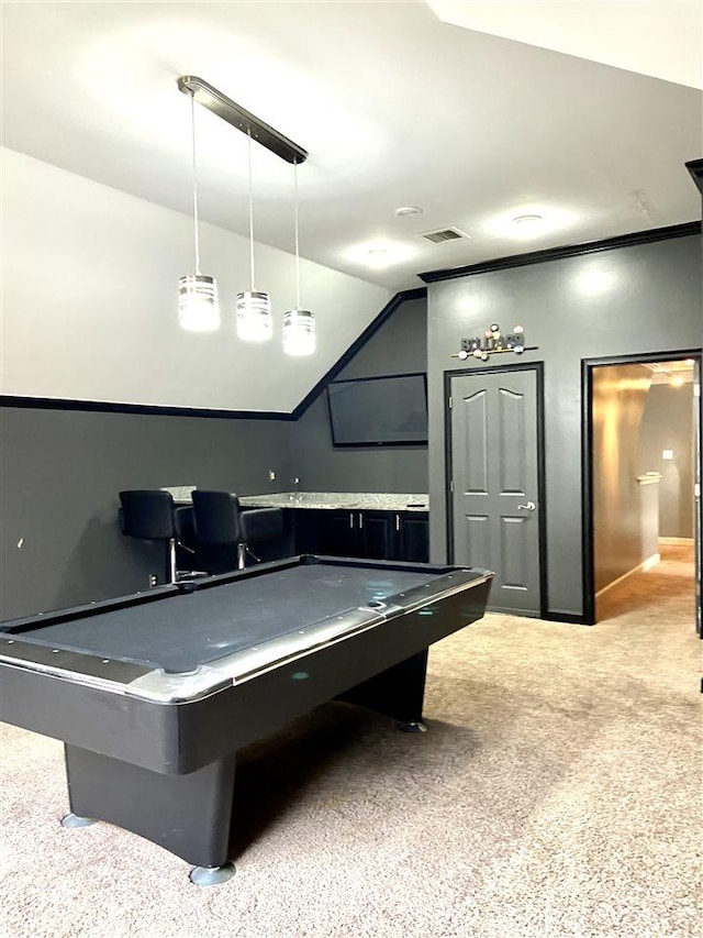 recreation room with billiards and light colored carpet