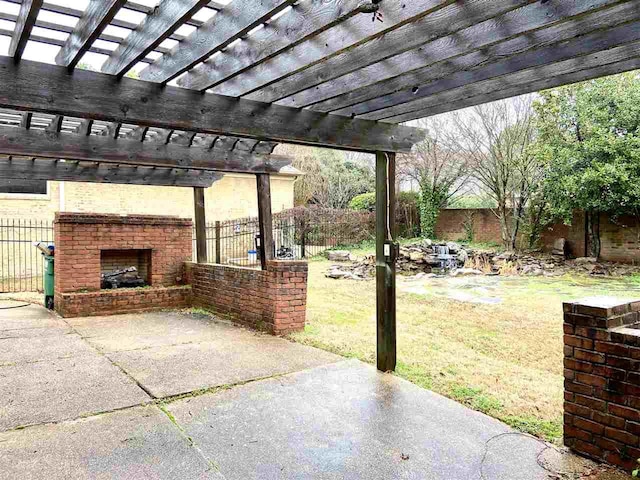 view of terrace featuring a pergola and an outdoor brick fireplace