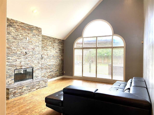 living room with high vaulted ceiling, light hardwood / wood-style floors, and a fireplace