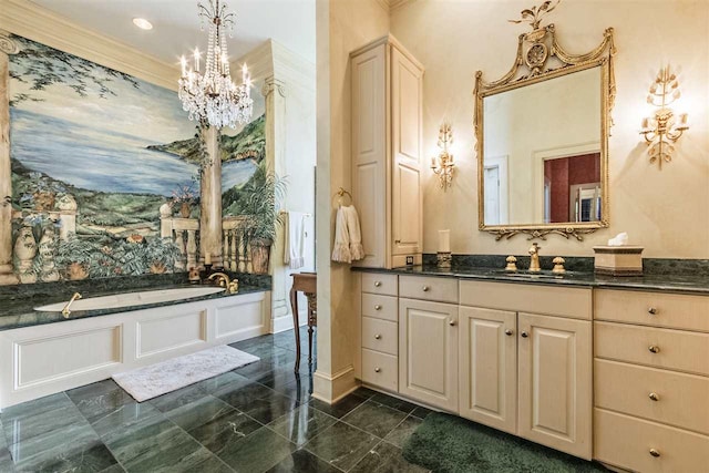 bathroom with tile flooring, a notable chandelier, vanity, a bath, and ornamental molding