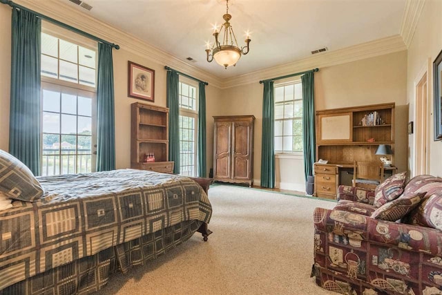 carpeted bedroom with a chandelier, multiple windows, and ornamental molding