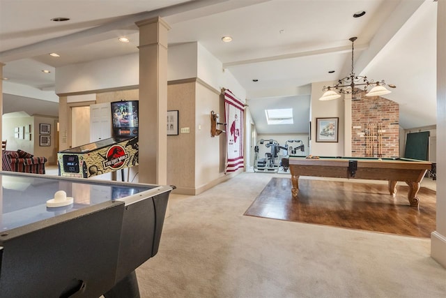 recreation room with light hardwood / wood-style floors, vaulted ceiling with beams, brick wall, pool table, and ornate columns