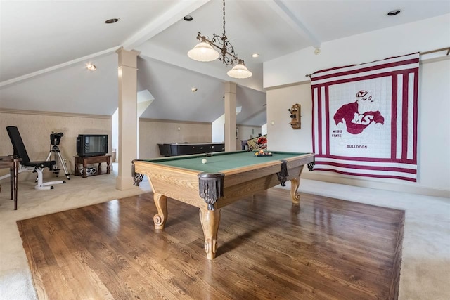 game room featuring billiards, vaulted ceiling with beams, and light wood-type flooring