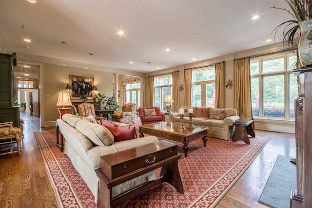 living room with ornamental molding and light hardwood / wood-style flooring