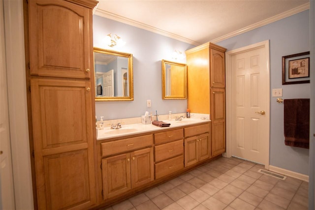 bathroom with tile flooring, dual sinks, ornamental molding, and oversized vanity