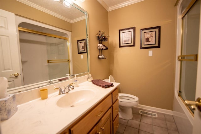 full bathroom with toilet, a textured ceiling, vanity, enclosed tub / shower combo, and tile floors