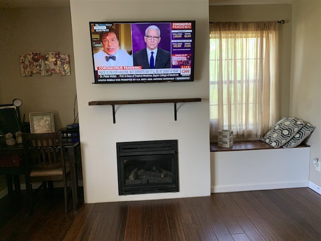 living room featuring dark wood-type flooring