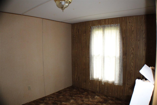 carpeted empty room featuring wood walls