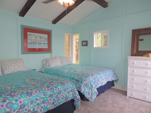 bedroom with light carpet, ceiling fan, and vaulted ceiling with beams