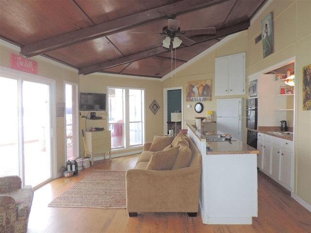 living room with wooden ceiling, ceiling fan, and light hardwood / wood-style flooring