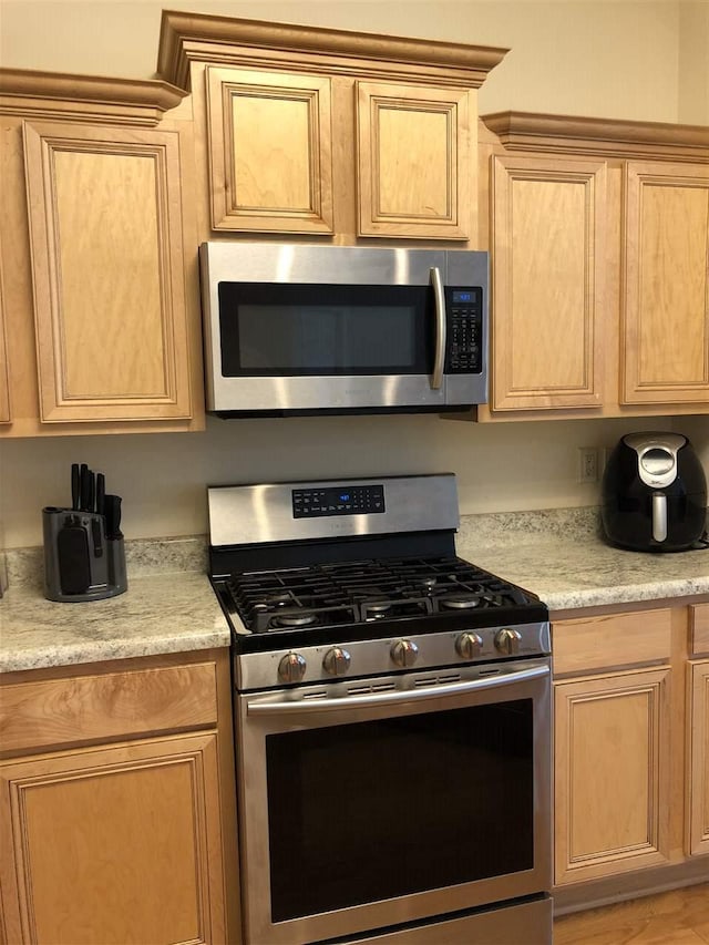 kitchen featuring light hardwood / wood-style flooring, stainless steel appliances, and light stone countertops