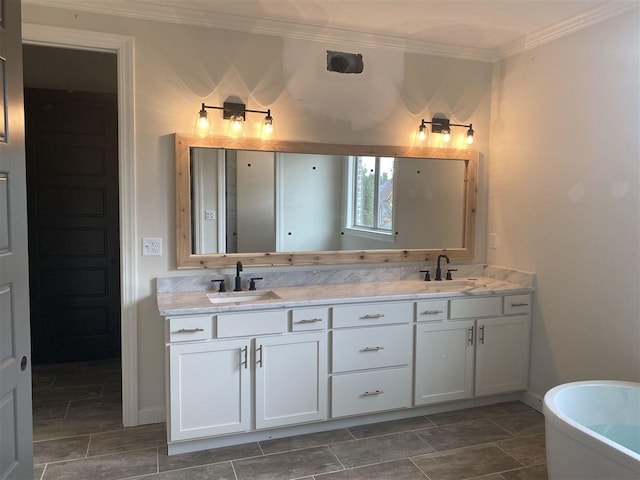 bathroom featuring double sink, tile flooring, a bathing tub, and oversized vanity