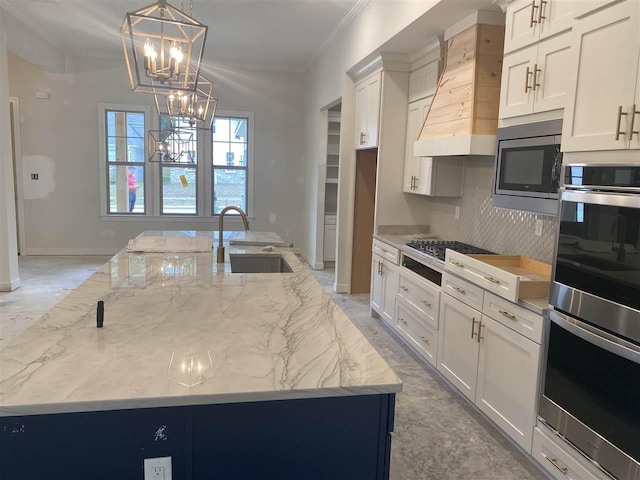 kitchen featuring backsplash, custom exhaust hood, sink, stainless steel appliances, and ornamental molding